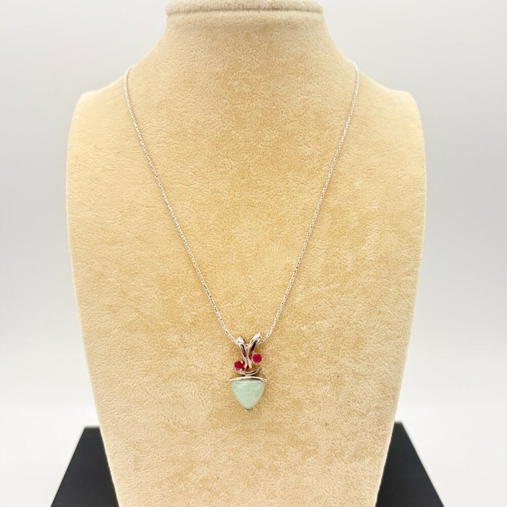 (925 Sterling Silver Jade Pendant Necklace w/ Genuine Ruby Accents
